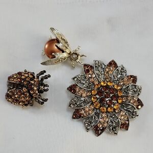 Brooches Pins Sunflower Beetles Bugs Bronze Tone Silver Tone